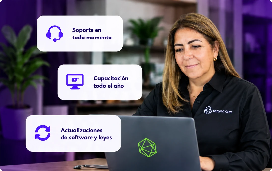 Una integrante del equipo de Refund One trabajando en su laptop: soporte en todo momento, capacitación todo el año y actualizaciones de software y leyes